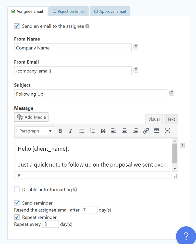 how to configure an email reminder in gravity flow