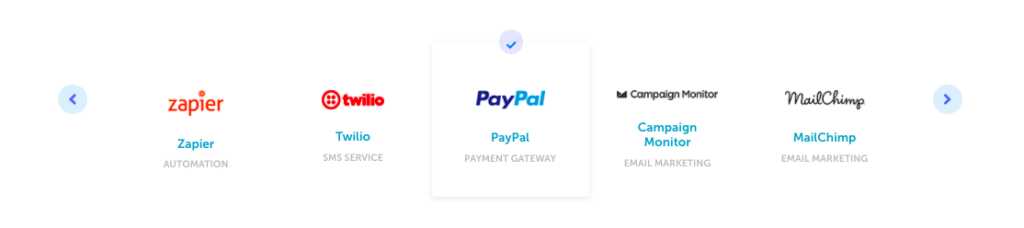 Integrations with third-party software including PayPal, Twilio, Zapier and Mailchimp